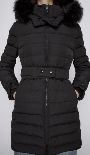 Zara Black Wind Protection Duck Down Hooded Belted Puffer Coat M UK12  # P23M - Picture 6 of 12