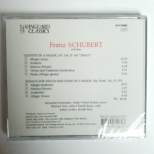 Schubert Trout Quintet CD Sealed MHS / Vanguard Classics 5171086 - Imagen 5 de 9