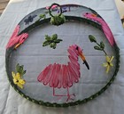 Vintage Domed Screen Mesh Raffia FLAMINGOS 12" Round Food Cover Shoo Fly Picnic 