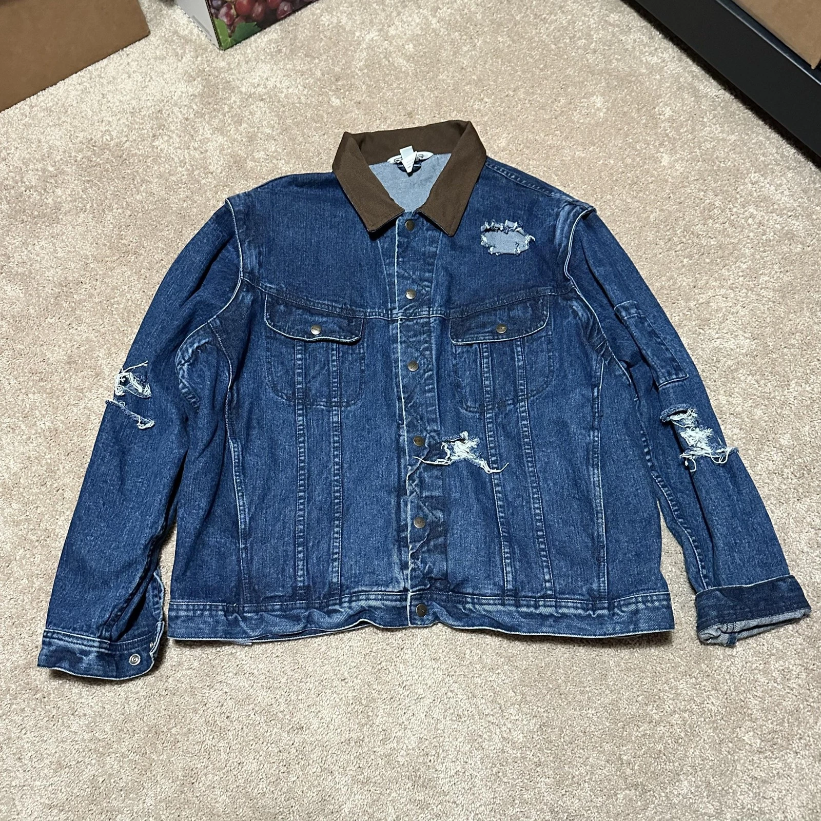 Dakota Jacket Mens 2XL Blue Denim Trucker Distressed Brown Collar Elbow Patches