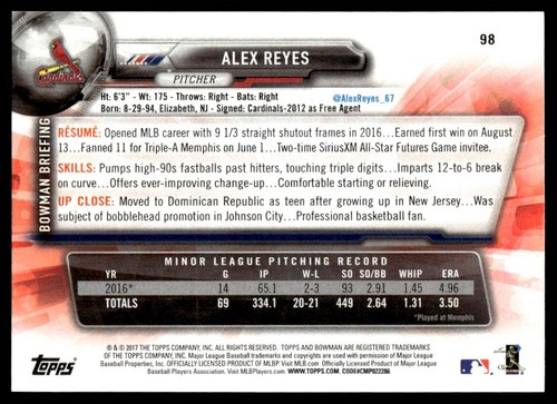 2017 Bowman Alex Reyes Rookie St. Louis Cardinals #98 - Picture 2 of 2