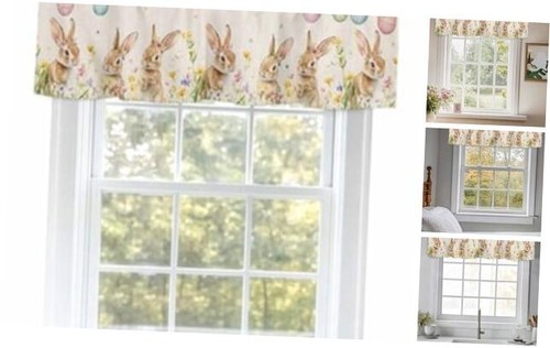 Easter Egg Rabbits Valance Curtains for Windows, Rod Pocket Window Curtains