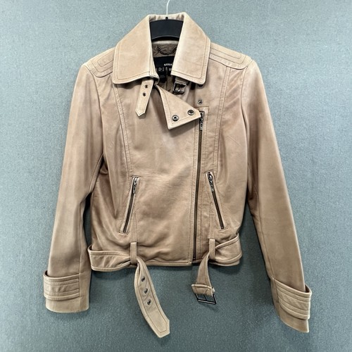 Mango Jacket Size M Womens Genuine Leather Biker Beige Soft Zip Detail - Picture 7 of 13