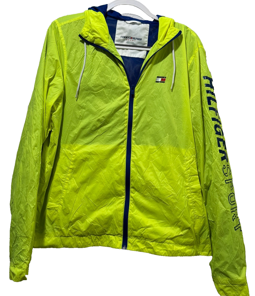 90s Tommy Hilfiger Mens Neon Green Yellow Hooded Windbreaker