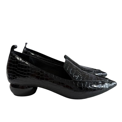 Jeffrey Campbell Viona Black Leather Croc Embossed Pointed Toe Loafers Size 