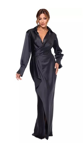 XSCAPE Satin Shirtdress Longsleeve Gown Long Dress Dark Olive Green Size 6 - Picture 3 of 17