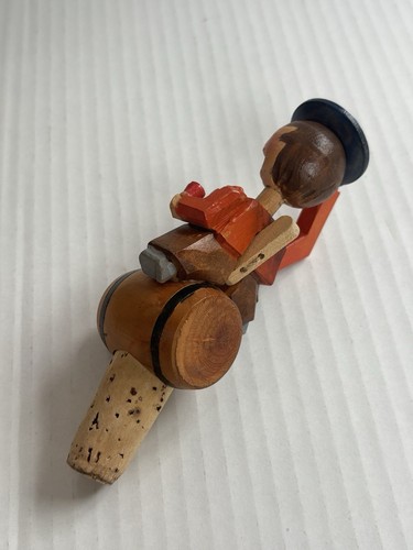 VTG Anri Mechanical Carved Wine Bottle Cork Stopper - Man Tipping Hat on Barrel - Picture 6 of 11