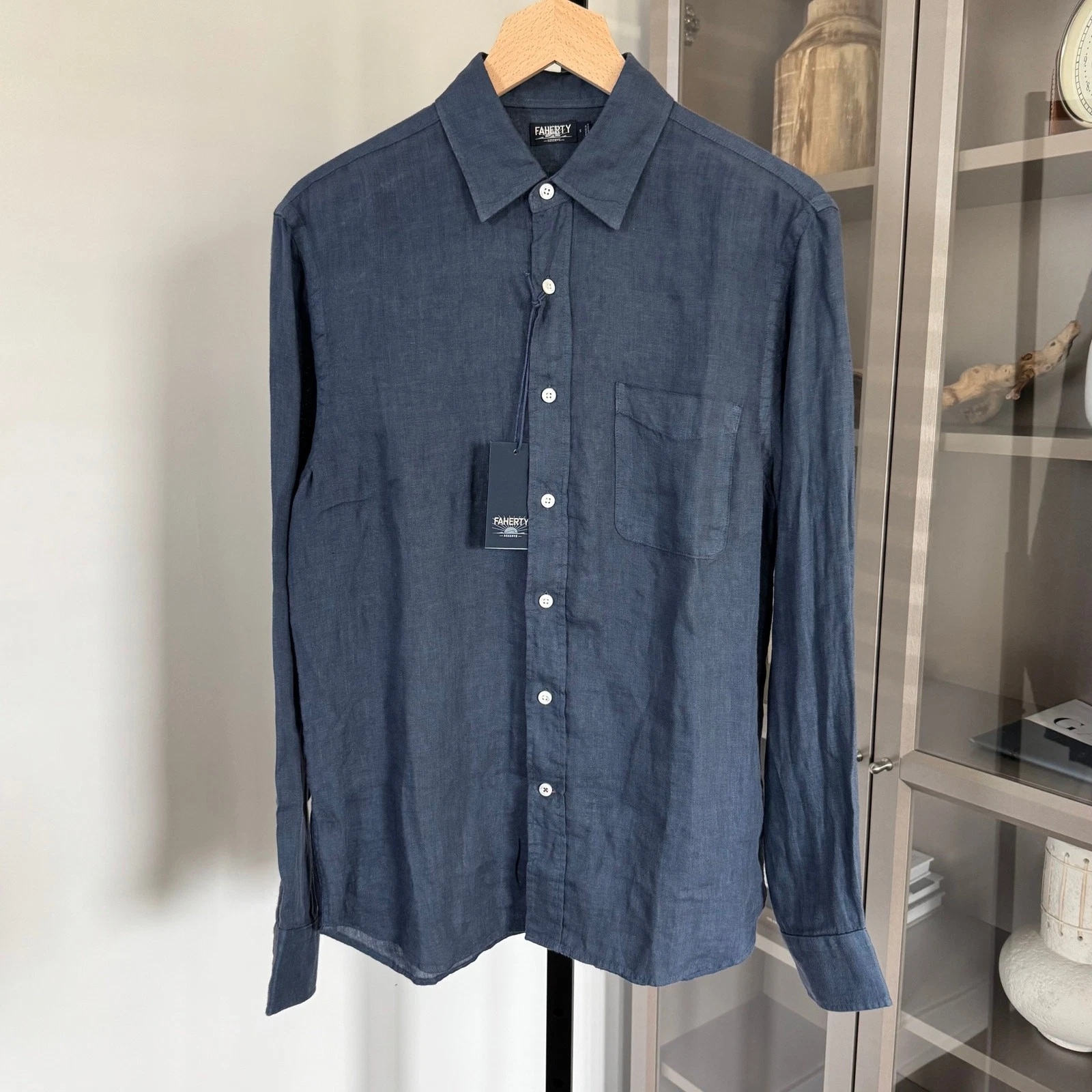 Faherty Linen Laguna Storm Navy Long Sleeve Shirt XXL NEW Blue Button Up Pocket