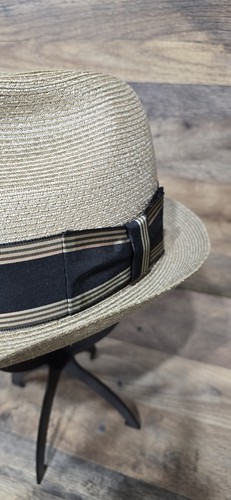 Vtg Knox Fedora Hat Beige Straw Band w Stripes Size 7 1/4 Camps Mens Wear Mint - Picture 2 of 13