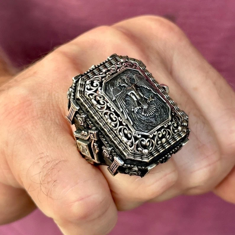 Anillo grande de plata de ley 925 estilo otomano doble águila sello Foto 3 de 4