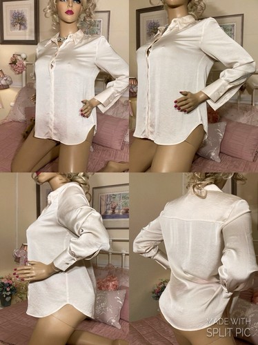 LIQUID SATIN Glossy Slippery IVORY Sexy Secretary GOVERNESS Mistress Blouse L - Picture 6 of 24