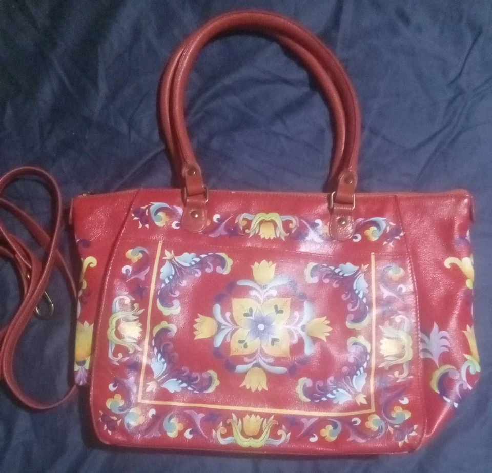 Bolso Cartera Anuschka Pintado a Mano Rojo Floral Cuero con Bolsa para el Polvo Foto 2 de 4