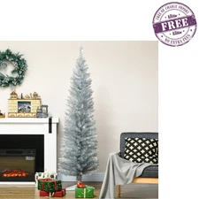 HOMCOM 6-foot Slim Hinged Noble Fir Pencil Christmas Tree with Stand - silver