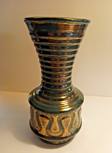 Vintage Mid Century Pottery Large Green Gold Brushed Vase 12" - Picture 2 of 9