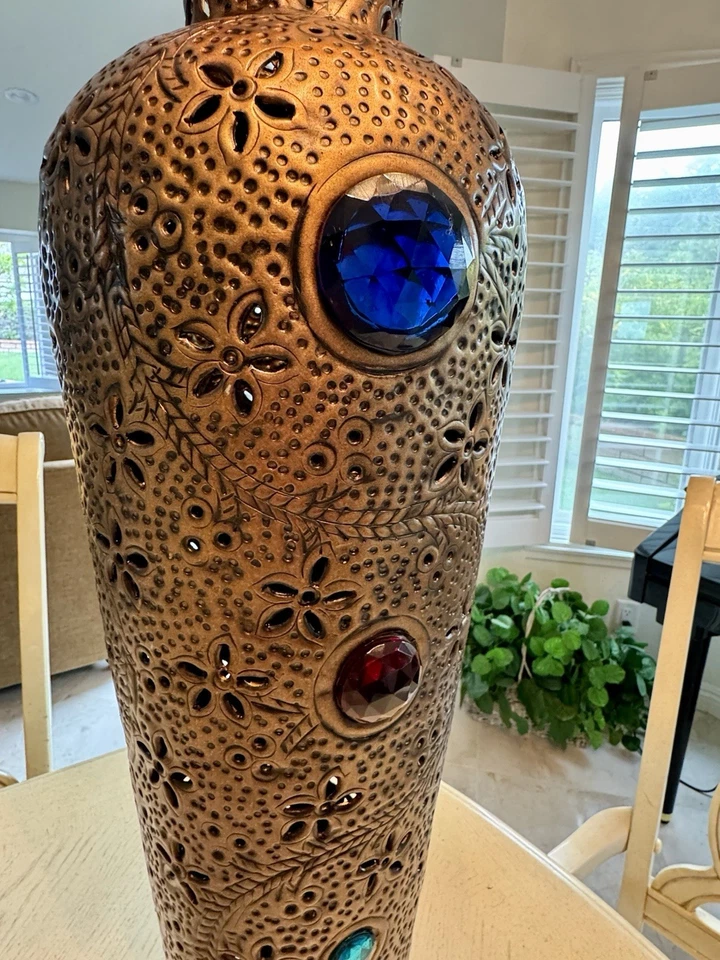 Large 30" Pierced MetalJeweled Floor Vase - Bronze Finish Moroccan Boho Decor - Image 2 of 4