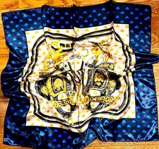 VINTAGE EQUESTRIAN/petite,LOVE.HEART,patterned royal blue/black SILKY scarf