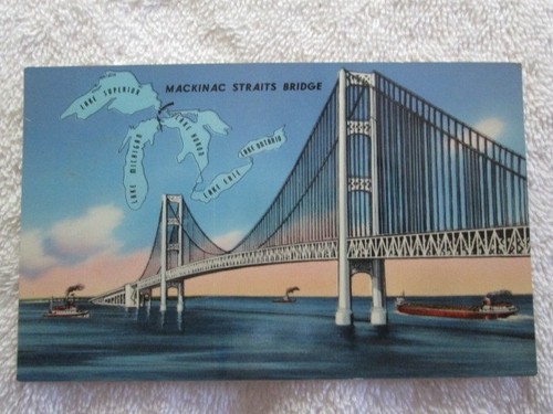 Mackinac Straits Bridge, Straights Of Mackinac, Michigan Postcard 1956 - Picture 1 of 2