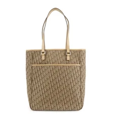 Auth Christian Dior Trotter Leather Canvas Tote Bag Shoulder Bag Beige Used F/S
