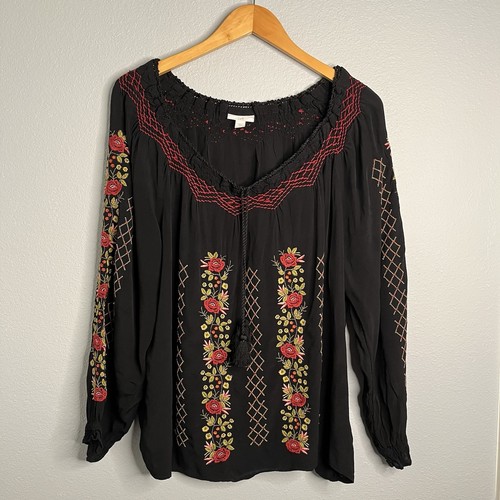 J Jill Damen Top L schwarz bestickt Blumen Quaste Bindeband 3/4 Arm Bluse Boho