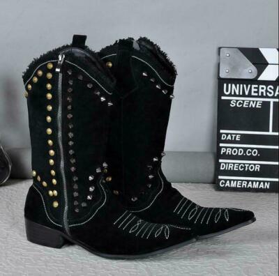 Men Retro Suede Leather Pointed Toe Spike Studs Western Cowboy