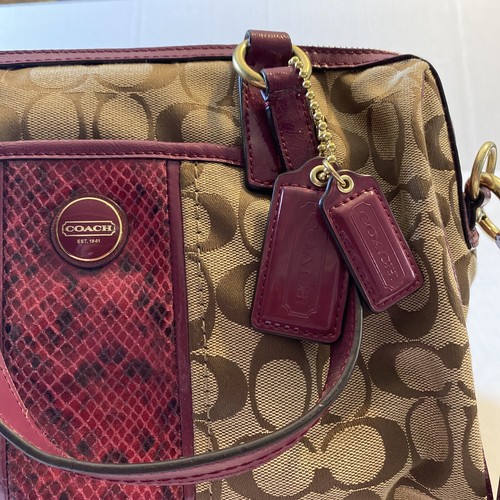 Coach F24884 Signature Stripe Python Snake Zip Satchel Khaki/Raspberry GUC - Picture 4 of 12