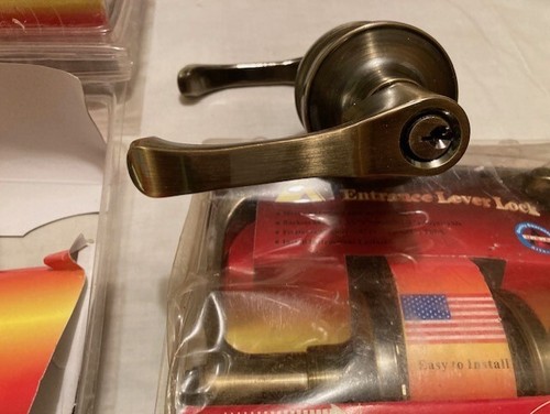 NEW - WHOLESALE LOT OF 4 ANTIQUE BRASS KEYED ENTRY LEVER DOOR LOCKS - Picture 8 of 10