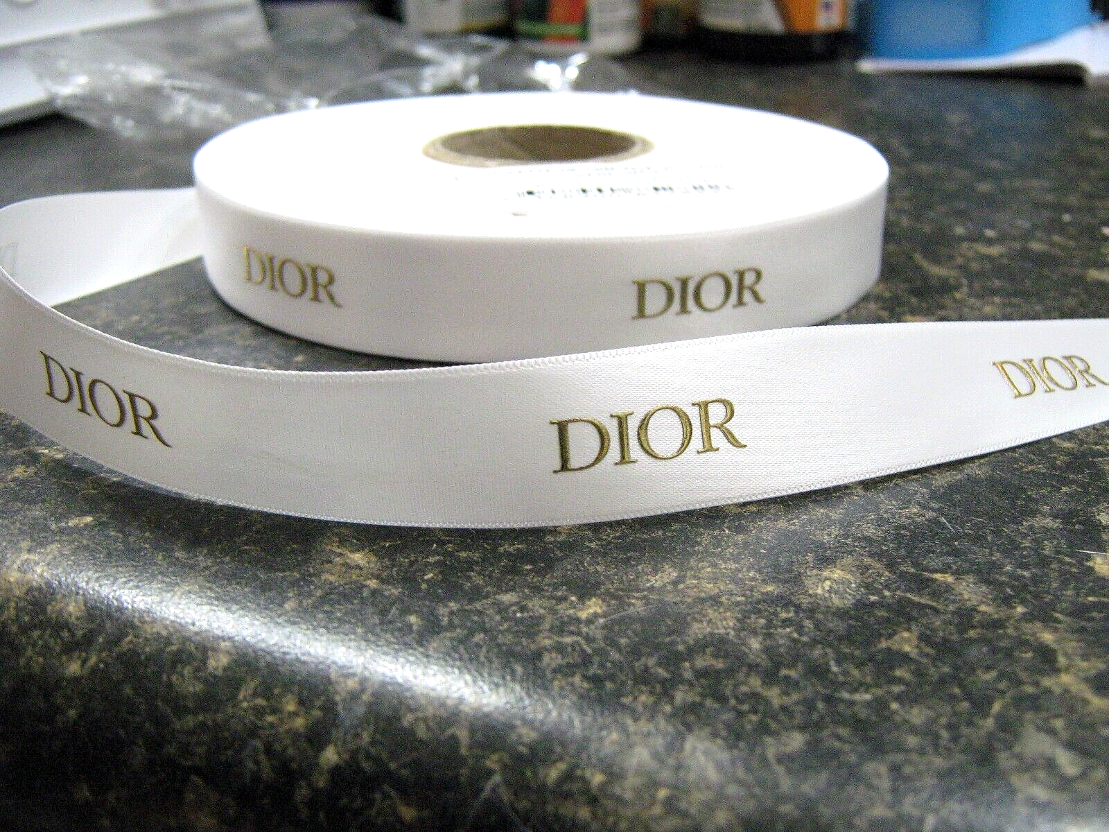I00% AUTHENTIC DIOR Holiday Ribbon White Satin w/ Gold Lettering ...