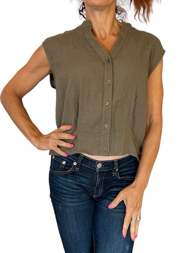 DREW WOMENS TOP MONTANA OLIVE GREEN SLEEVELESS CROP SPLIT V BUTTON UP NWT $172 M - Picture 3 of 10