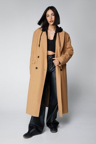 BNWT NastyGal Contrast Collar Wool Look Tailored Coat Camel Size:12 RRP:£109 - Picture 3 of 4