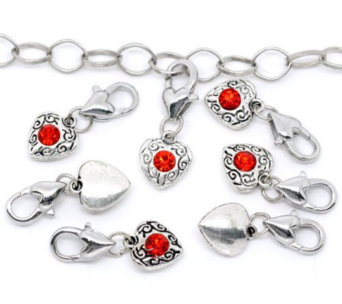 July Red Birthstone Antique Silver Rhinestone Heart Clip On Charms. Fits Thomas - Bild 2 von 3