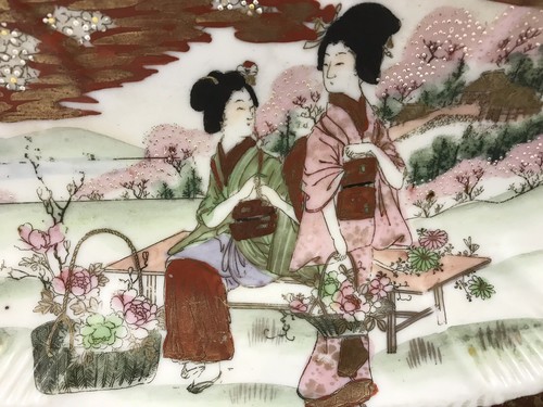 Antiguo plato ovalado japonés de 12" porcelana pintada a mano de Kutani firmado - Imagen 2 de 9