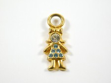 Gold Tone Little Girl Charm Pendant with Blue Rhinestone Dress