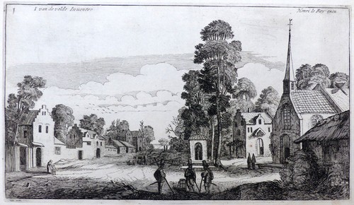 2 GRABADOS VISTA PUEBLO CON TORRE DE IGLESIA VIDA RURAL PROPIEDAD CAMPESINA VELDE 1620 - Imagen 2 de 3