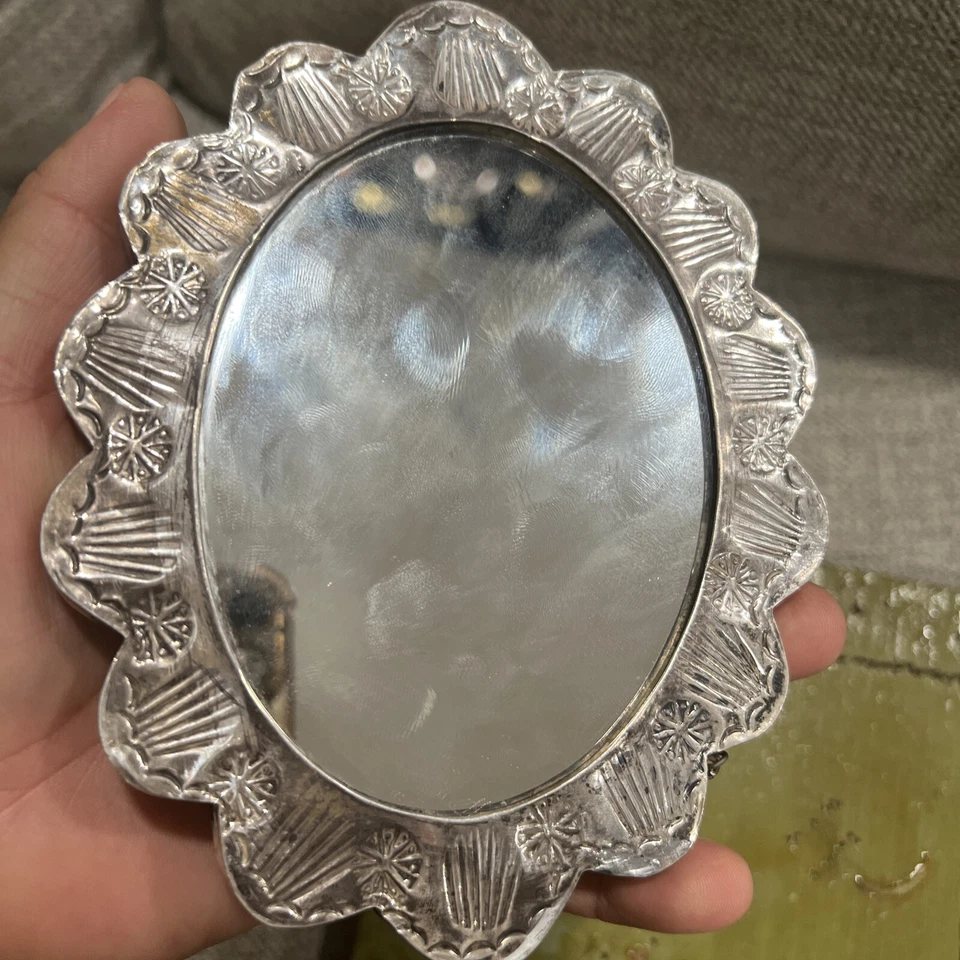 "Espejo colgante BEDO 900 moneda plata turco vintage ovalado raro floral 6x5""" Foto 2 de 4