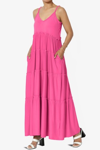 Women's Casual Summer Ruffle Tiered V-Neck Cami Sun Long Maxi Dress w Pocket - Picture 50 of 112