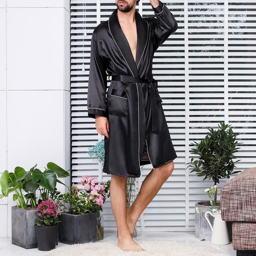 Men Lounge Sleepwear Faux Silk Silky Bathrobes Dressing Gown Men's Sleep Robes - Picture 1 of 22