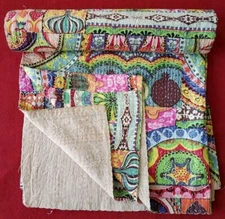 Handmade Floral Kantha Embroidery Blanket Throw Boho Hippie Indian Bedspread