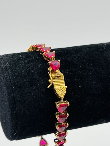 Gold Tone 925 Sterling Silver Ruby (Lab) Tennis Bracelet 18ct 8" Signed 16g - Picture 3 of 13