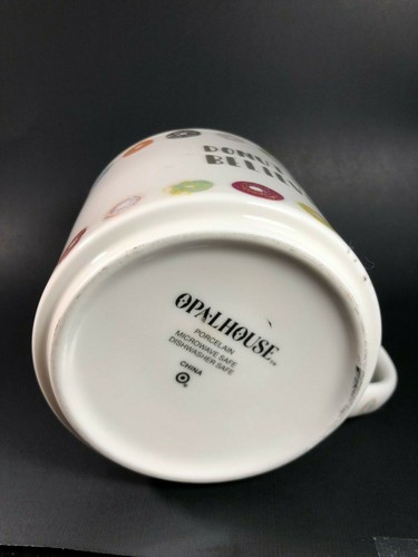 "Donut Stop Believing" White with Donuts Porcelain Coffee Mug Cup By Opal House - Picture 5 of 5