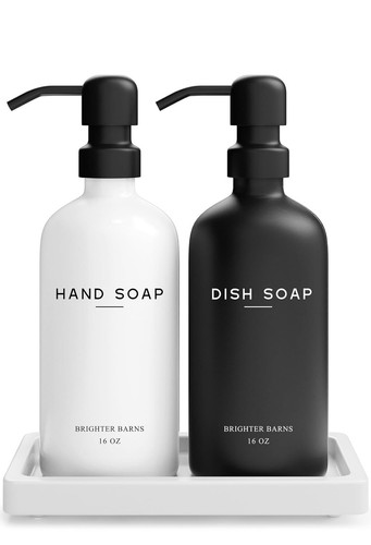 Luxury Glass Kitchen Soap Dispenser Set With Tray By Brighter Barns - Picture 2 of 4