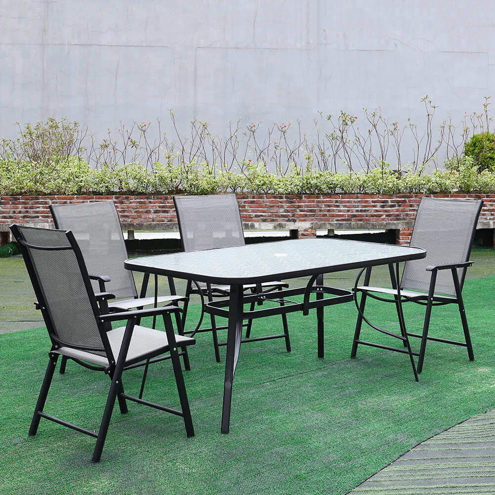 Garden Patio Furniture Set Glass Parasol Tables Folding Stacking Chairs Cafe Pub