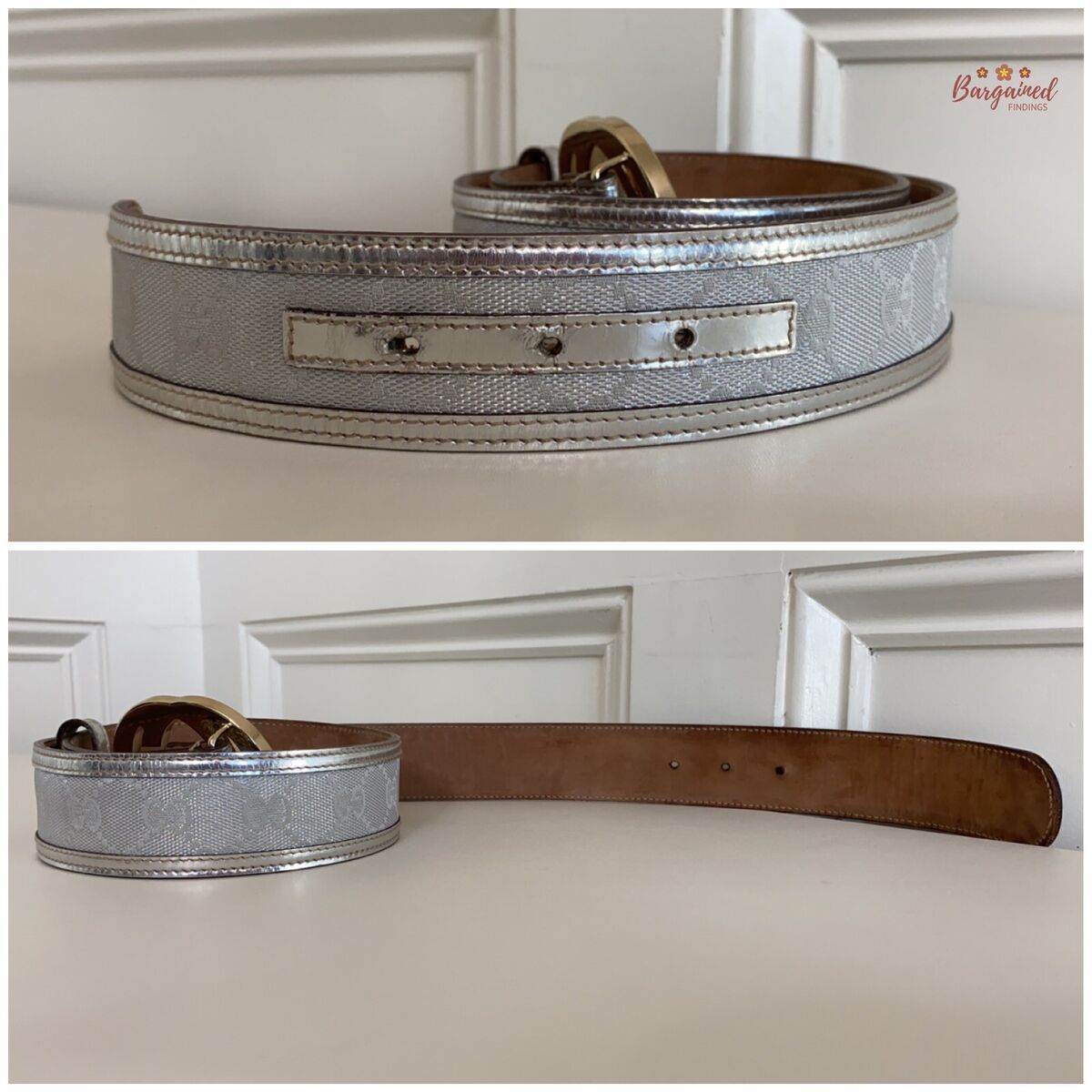 Auth Gucci Silver Monogram Canvas Leather Gold Interlocking Auth Gucci Silver Monogram Canvas Leather Gold Interlocking