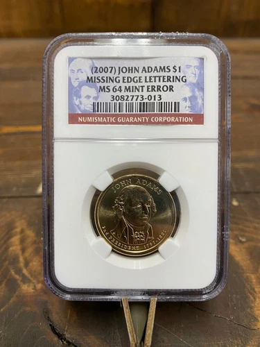2007 John Adams $1 Missing Edge Lettering NGC MS64 Mint Error
