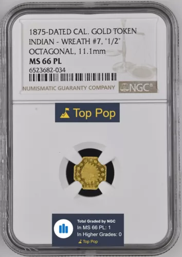 Super Nice 1875 1/2 IND CALIFORNIA GOLD, BG-933 HYBRID / NGC MS66PL! TOP POP!