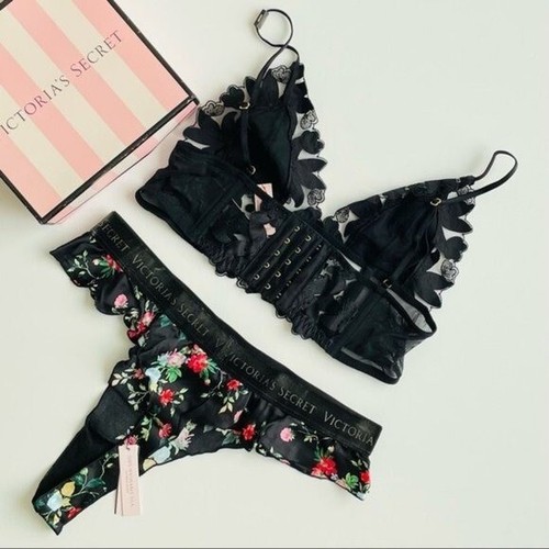 SMALL Victoria’s Secret black floral bra bralette set 100% silk thong panties - Picture 6 of 9