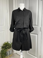 Banana Republic Women  s Black Romper Lyocell Long Sleeve Collar Tie Waist Size 8