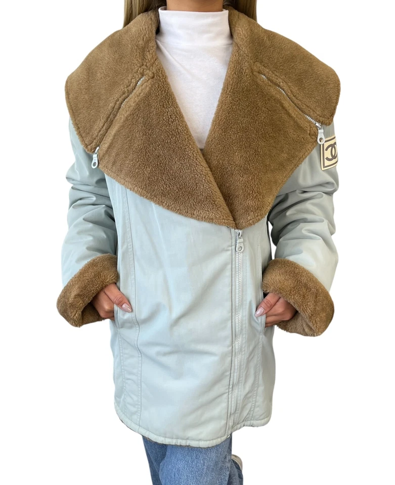 Chaqueta deportiva Chanel vintage 01A logotipo CC #36 azul marrón algodón piel cremallera Foto 2 de 4