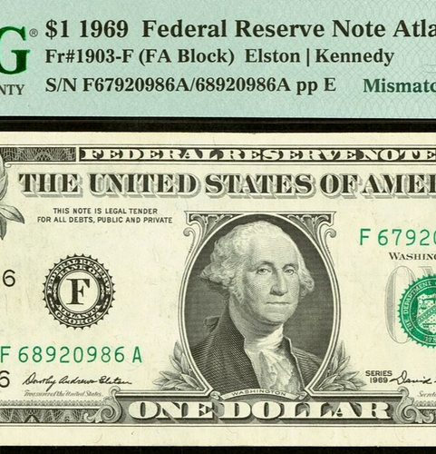1969 $1 FRN Atlanta PMG 40 - Mismatched Serial Number - Error Note - 689/679 - Picture 2 of 4
