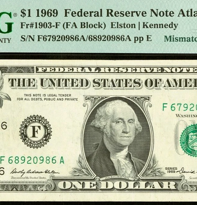1969 $1 FRN Atlanta PMG 40 - Mismatched Serial Number - Error Note - 689/679 - Image 2 of 4