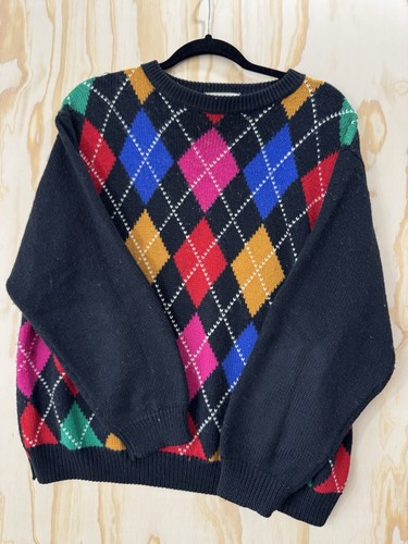 Suéter Argyle Arco Iris Vintage Mujer Grande Negro Lana Alfred Dunner Años 80 Profesor - Imagen 8 de 11